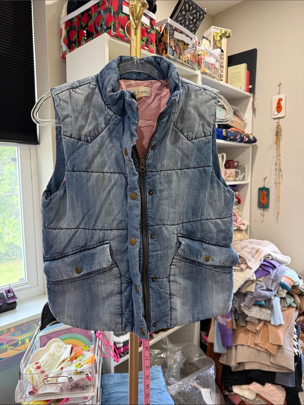 Cloth & Stone Chambray Blue Puffer Vest small pockets zipper - Picture 2 of 4